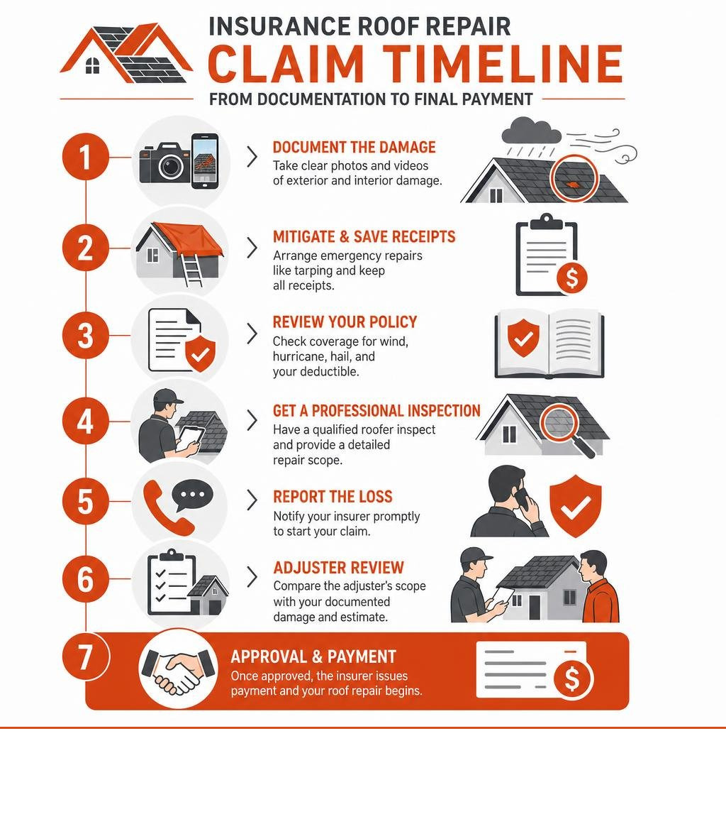 Insurance roof repair claim timeline from documentation to final payment infographic