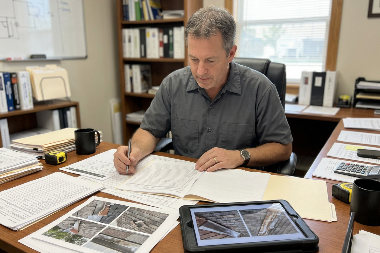 Roofing contractor reviewing insurance estimate and repair documentation