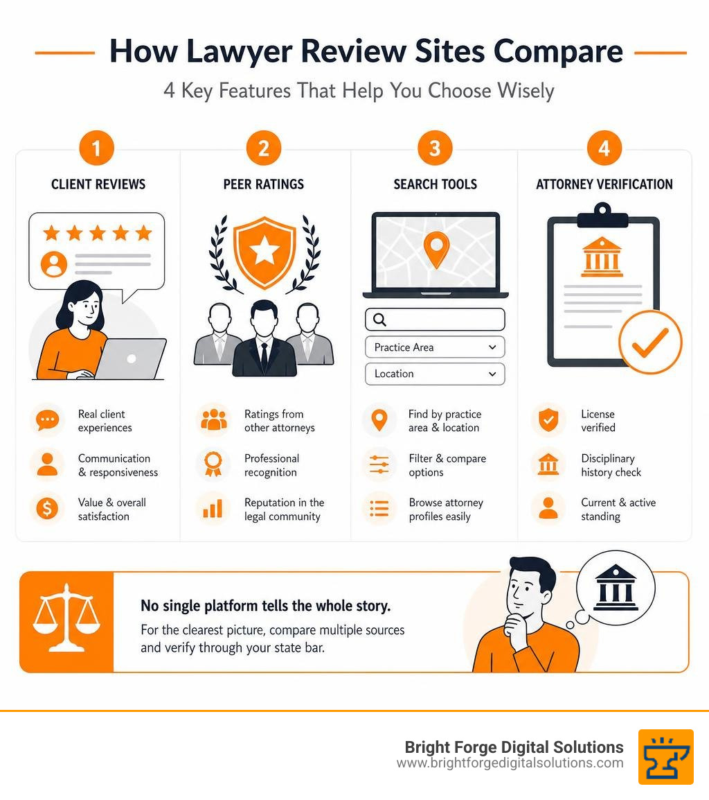 Comparison of client reviews, peer ratings, search tools, and attorney verification infographic