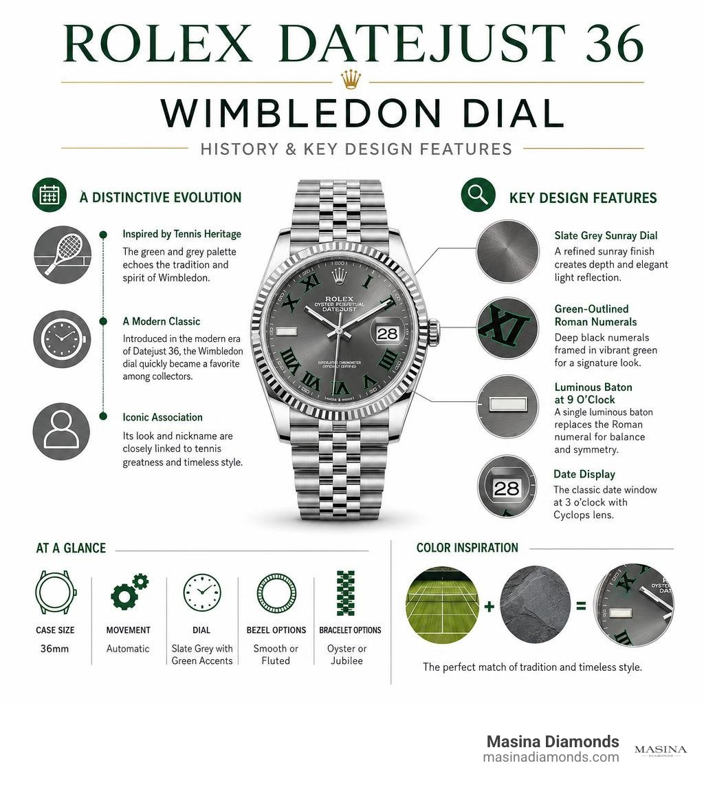Rolex Datejust 36 Wimbledon dial history and key design features infographic Rolex Datejust 36 Wimbledon dial history and key design features infographic