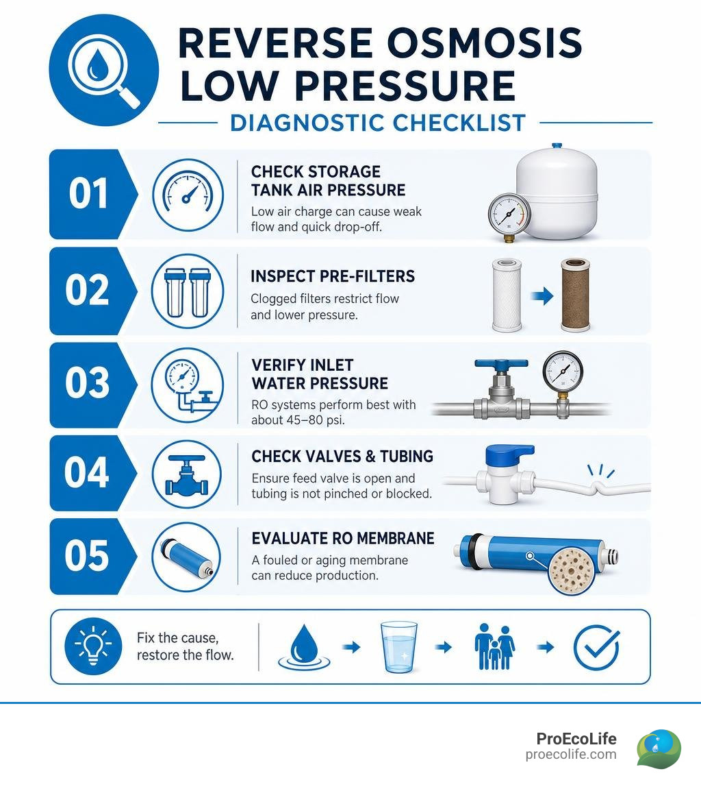 Reverse osmosis low pressure diagnostic checklist infographic