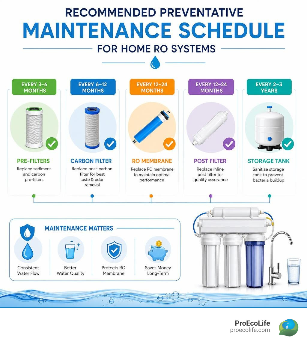 Graphic representing recommended preventative maintenance schedule for home RO systems infographic