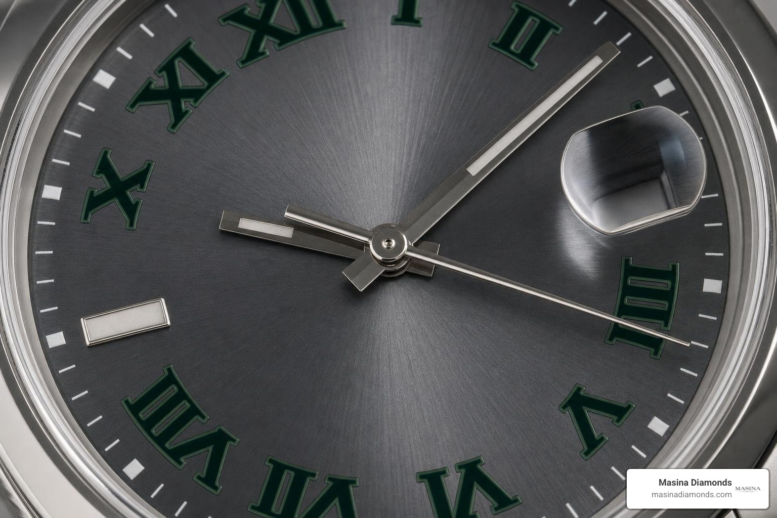 Close up of the Rolex Wimbledon dial showing slate sunray finish and green Roman numerals Close up of the Rolex Wimbledon dial showing slate sunray finish and green Roman numerals