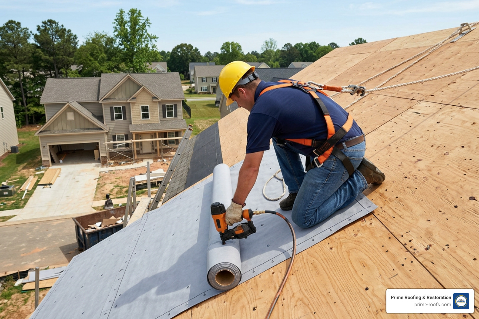 Roofer wearing safety harness inspecting plywood roof decking and applying synthetic underlayment Roofer wearing safety harness inspecting plywood roof decking and applying synthetic underlayment