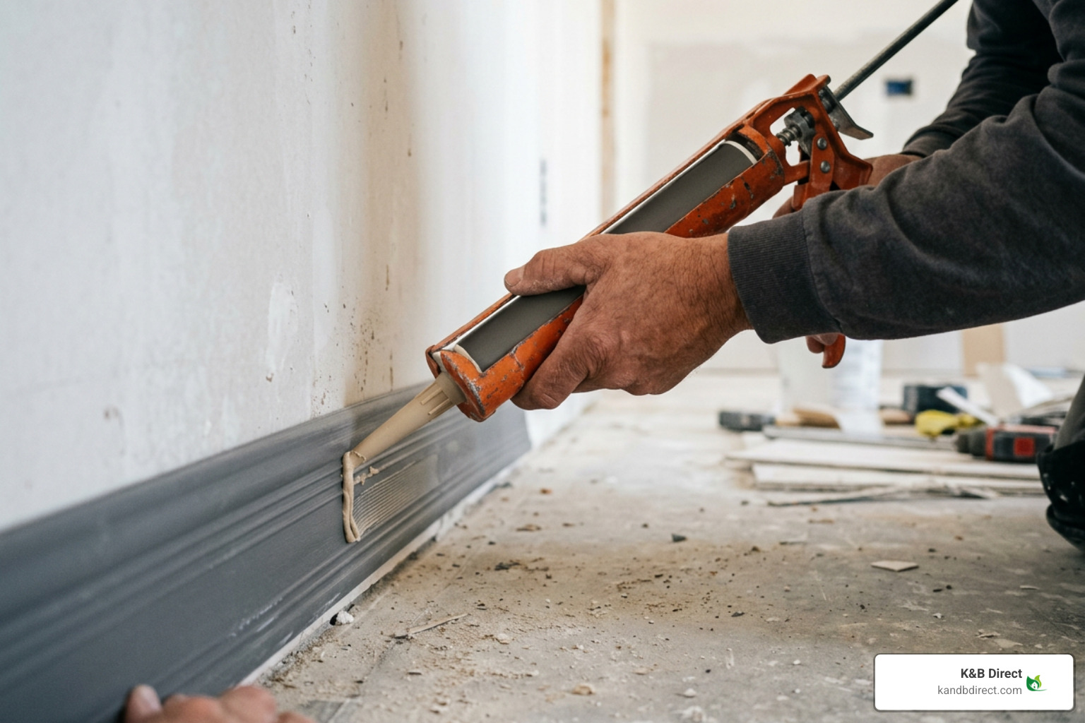 applying wall base adhesive with cartridge gun