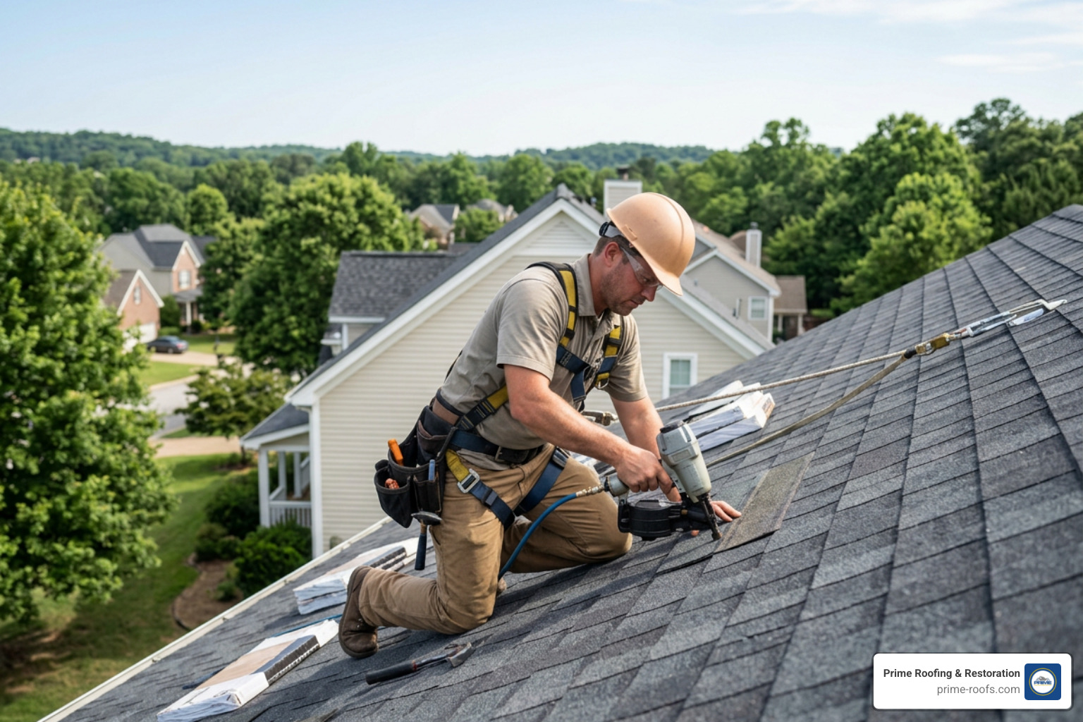 Professional roofer wearing OSHA-compliant safety harness installing high-wind architectural shingles on a Helena home Professional roofer wearing OSHA-compliant safety harness installing high-wind architectural shingles on a Helena home