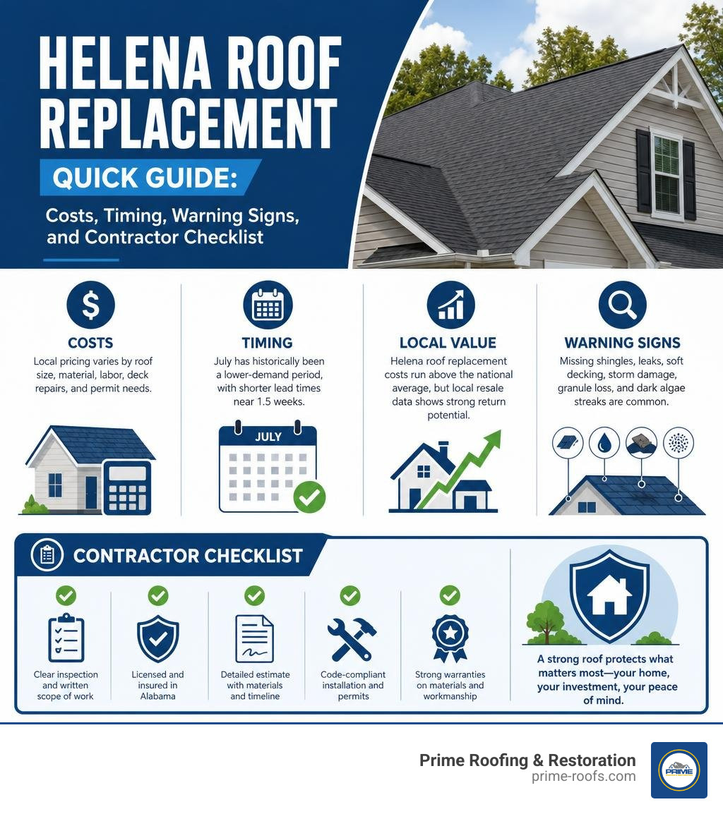 Helena roof replacement quick guide: costs, timing, warning signs, and contractor checklist infographic Helena roof replacement quick guide: costs, timing, warning signs, and contractor checklist infographic