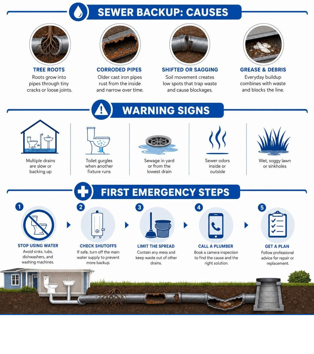 Sewer backup causes, warning signs, and first emergency steps infographic