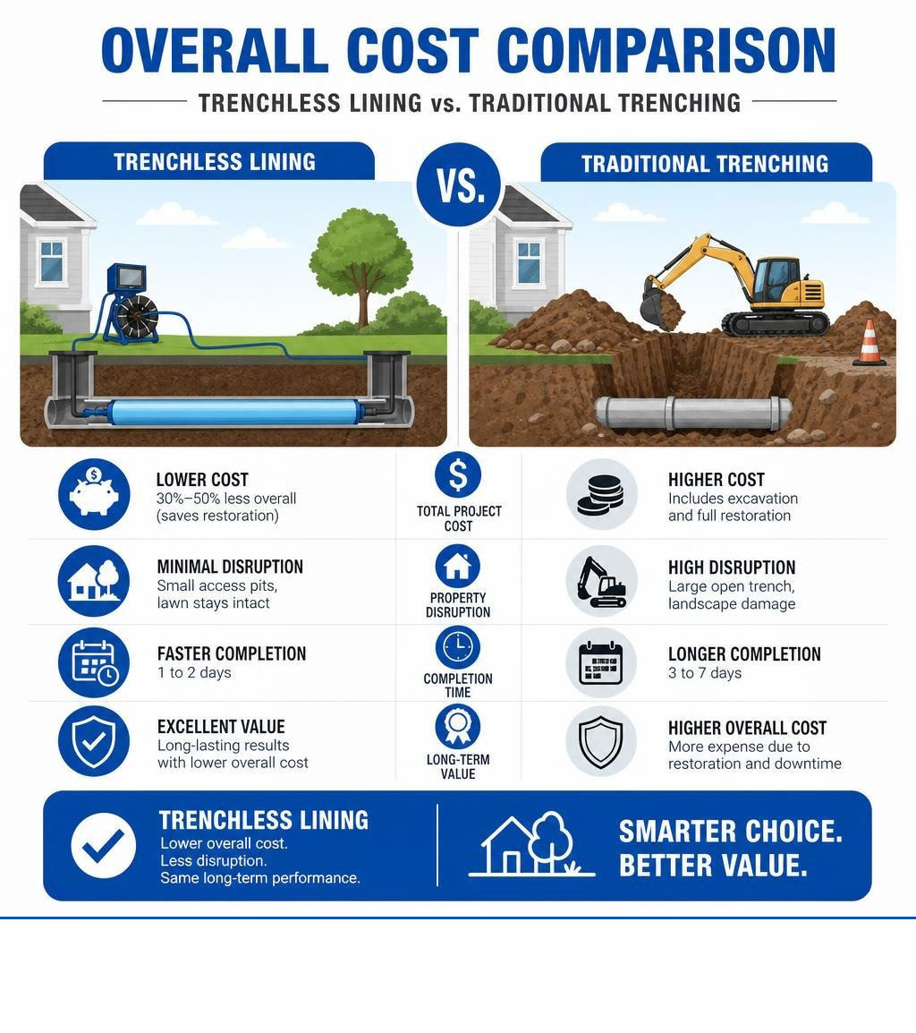 Comparison of overall costs between trenchless lining and traditional trenching infographic
