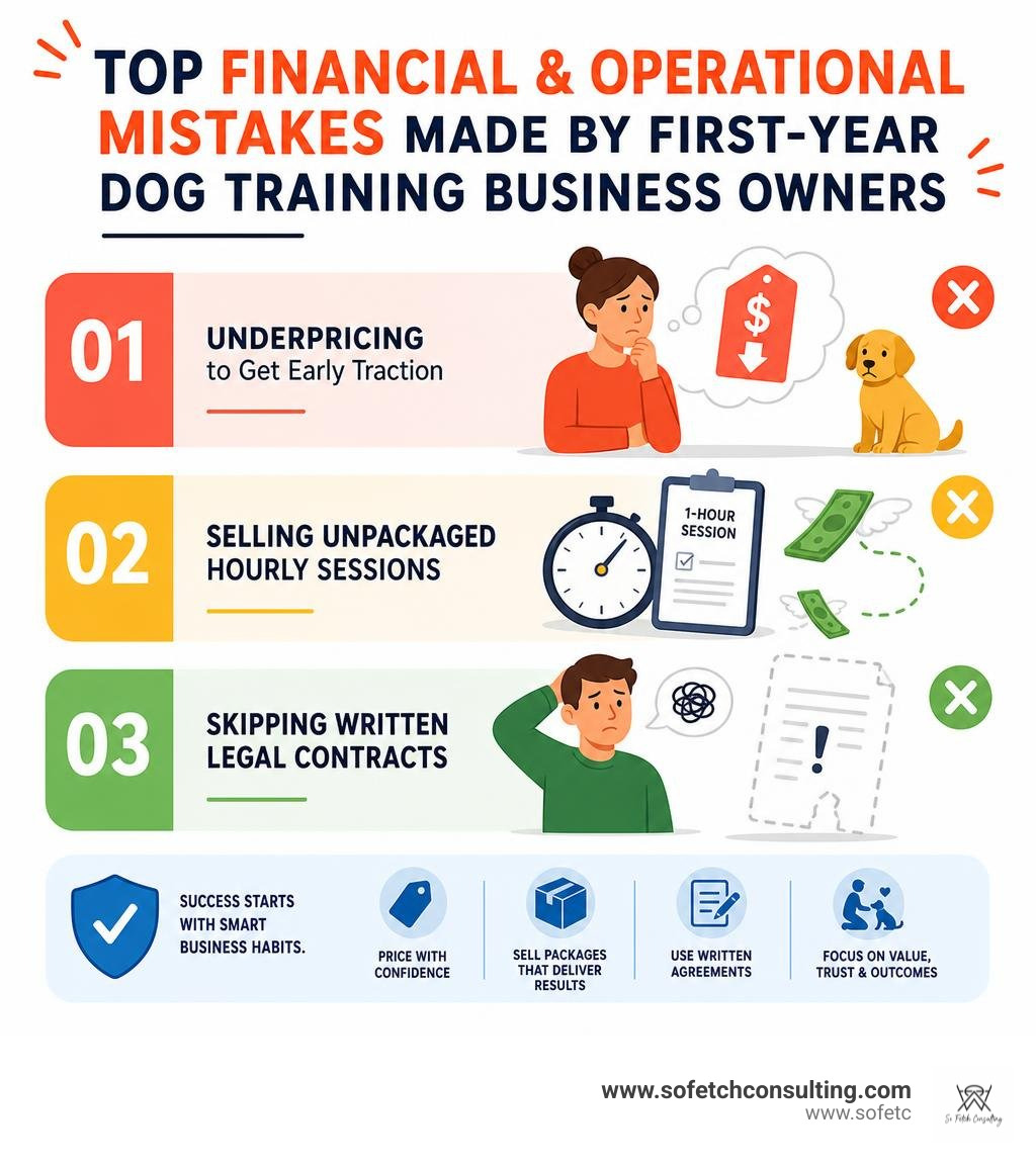 Top financial and operational mistakes made by first-year dog training business owners infographic Top financial and operational mistakes made by first-year dog training business owners infographic