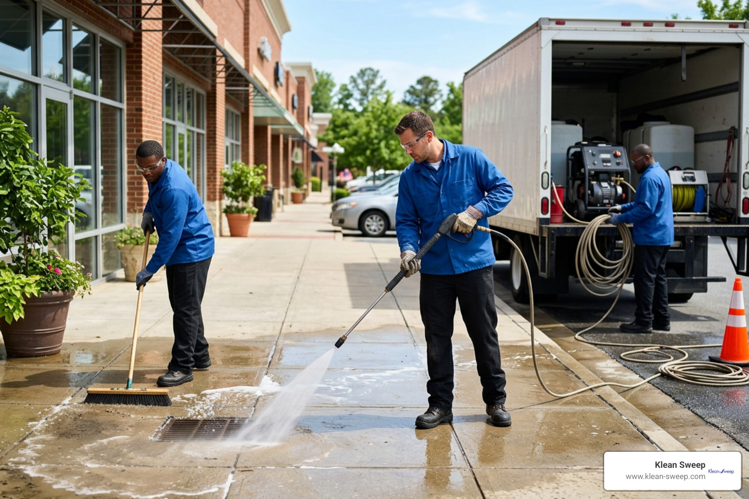 commercial pressure washing crew in blue uniforms commercial pressure washing crew in blue uniforms