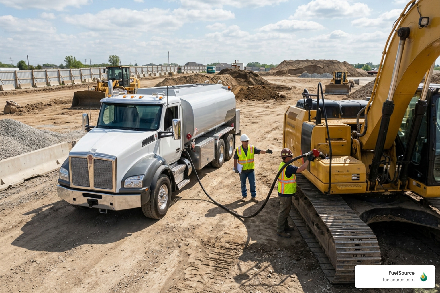 fuel delivery truck servicing construction jobsite fuel delivery truck servicing construction jobsite
