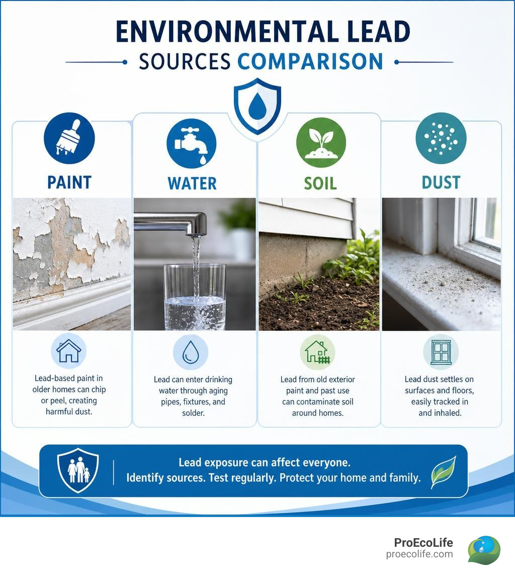 Environmental lead sources comparison paint water soil dust infographic Environmental lead sources comparison paint water soil dust infographic