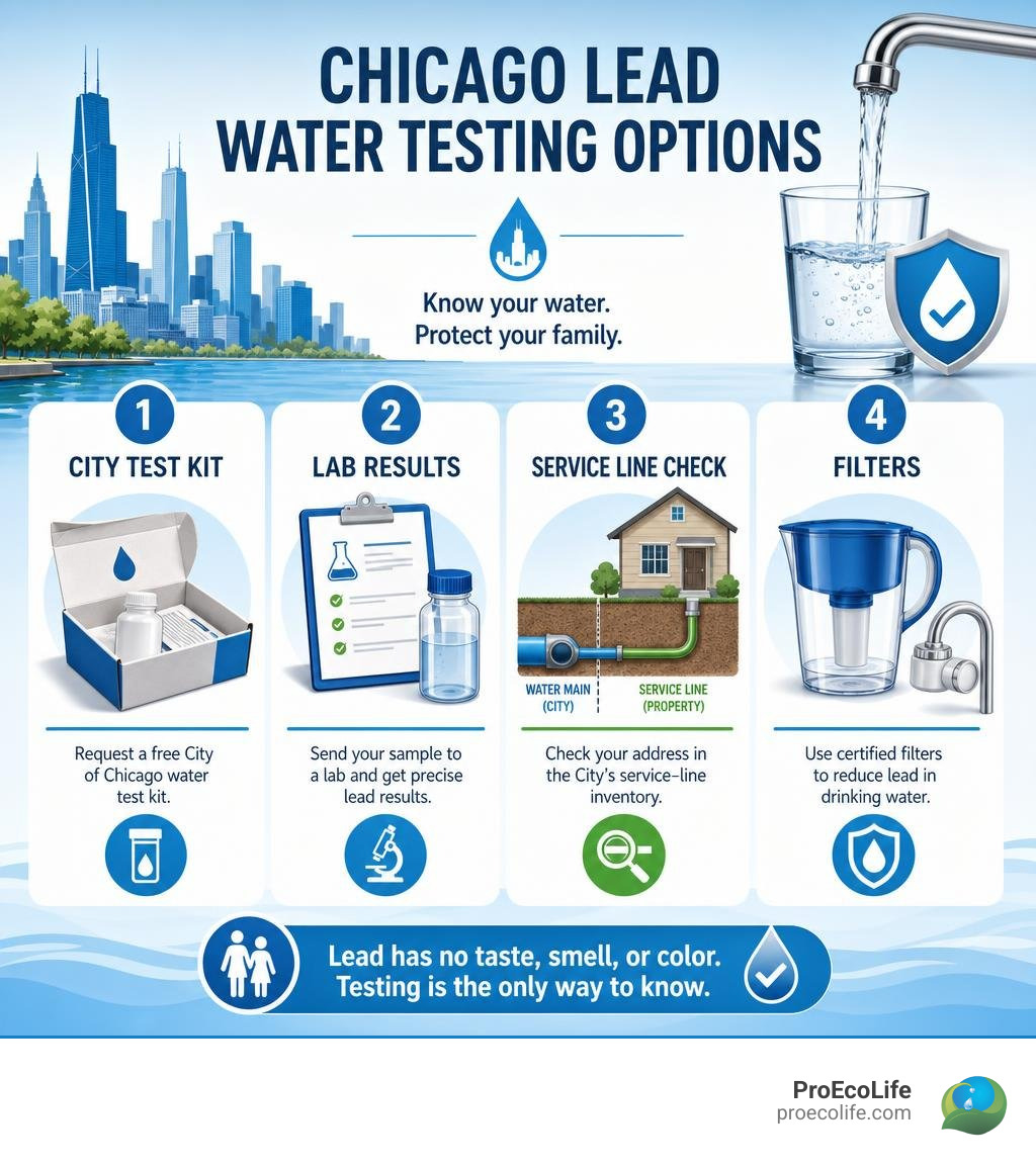 Chicago lead water testing options: City kit, lab results, service line check, and filters infographic Chicago lead water testing options: City kit, lab results, service line check, and filters infographic