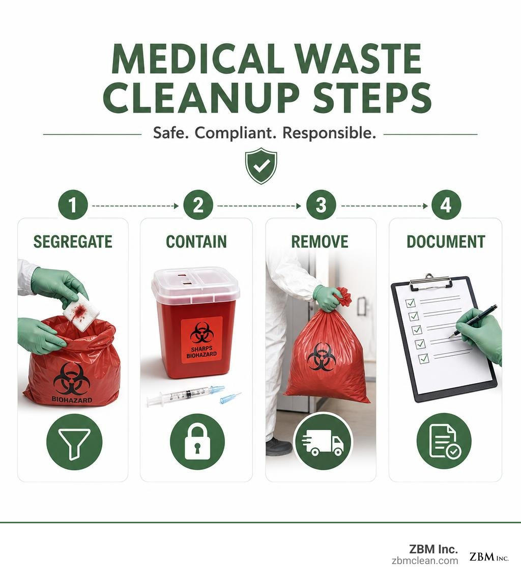 Medical waste cleanup steps: segregate, contain, remove, document infographic Medical waste cleanup steps: segregate, contain, remove, document infographic