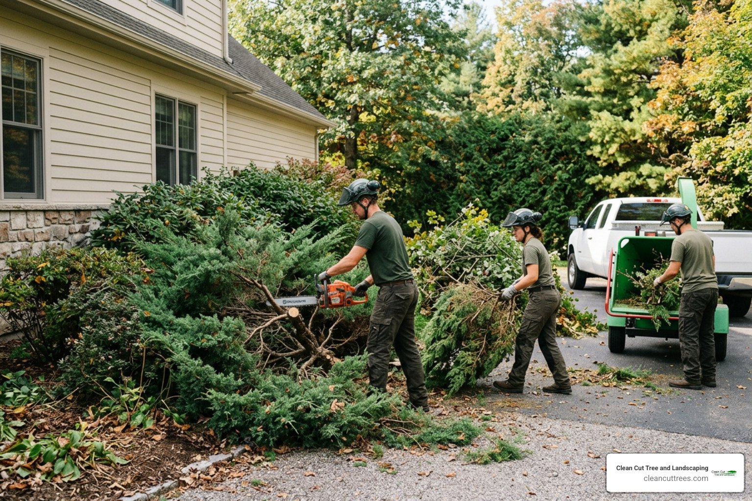 arborist team removing overgrown shrubs