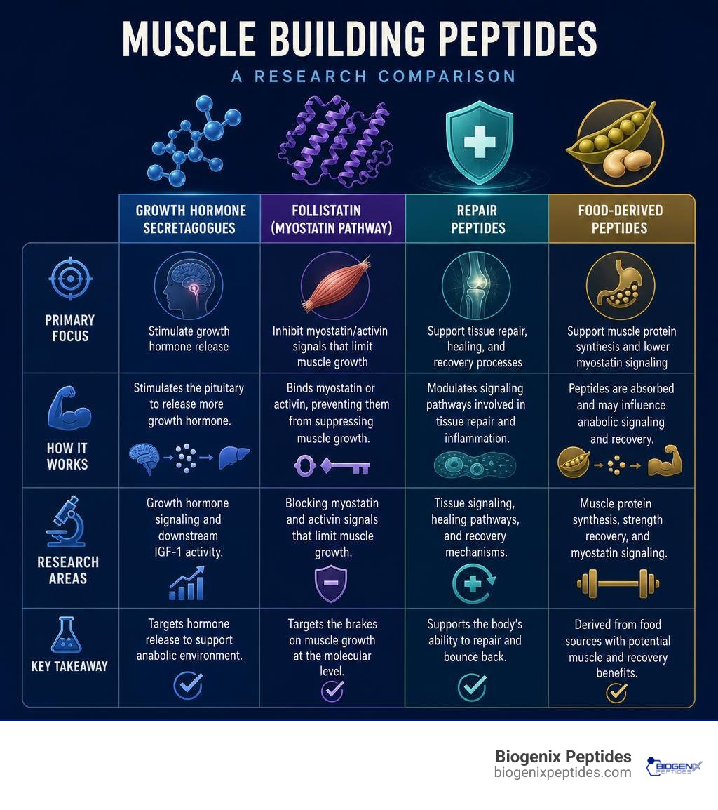 Infographic comparing growth hormone secretagogues, follistatin, repair peptides, and food peptides infographic Infographic comparing growth hormone secretagogues, follistatin, repair peptides, and food peptides infographic