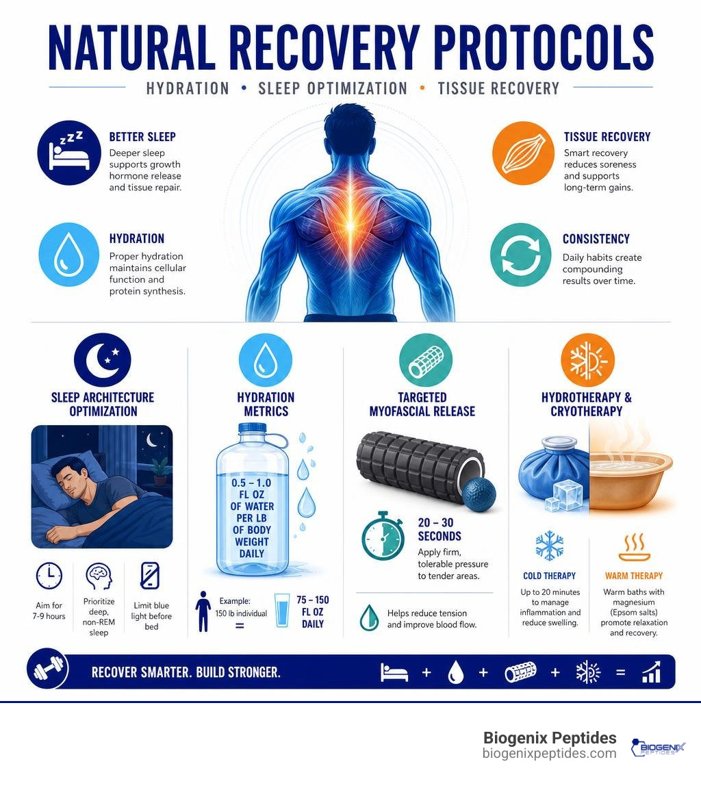 Infographic on natural recovery protocols, hydration, and sleep optimization infographic Infographic on natural recovery protocols, hydration, and sleep optimization infographic