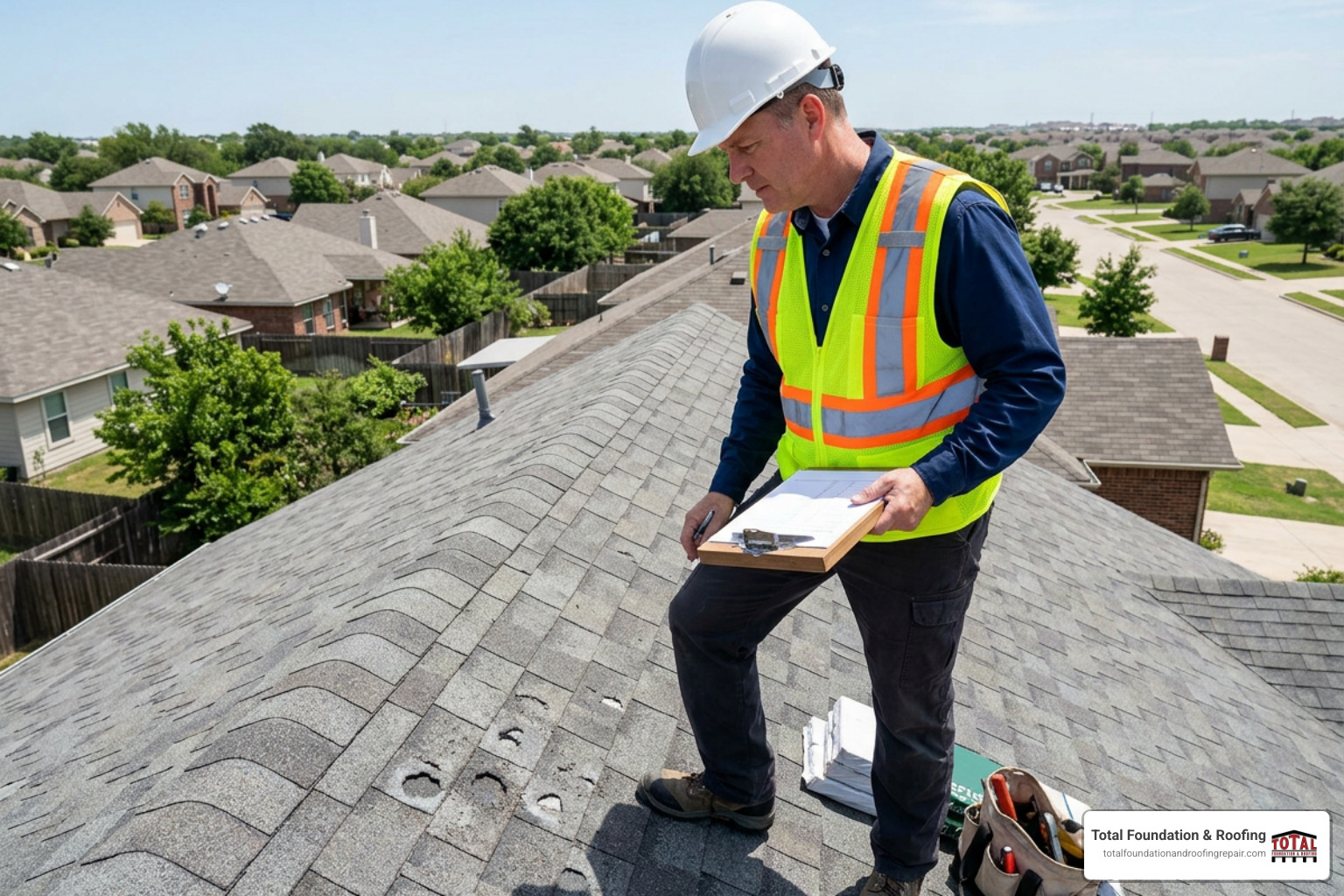 inspector reviewing hail damage on roof inspector reviewing hail damage on roof