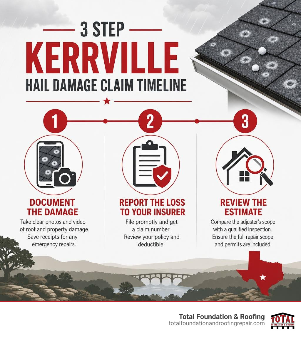3 step Kerrville hail damage claim timeline infographic 3 step Kerrville hail damage claim timeline infographic