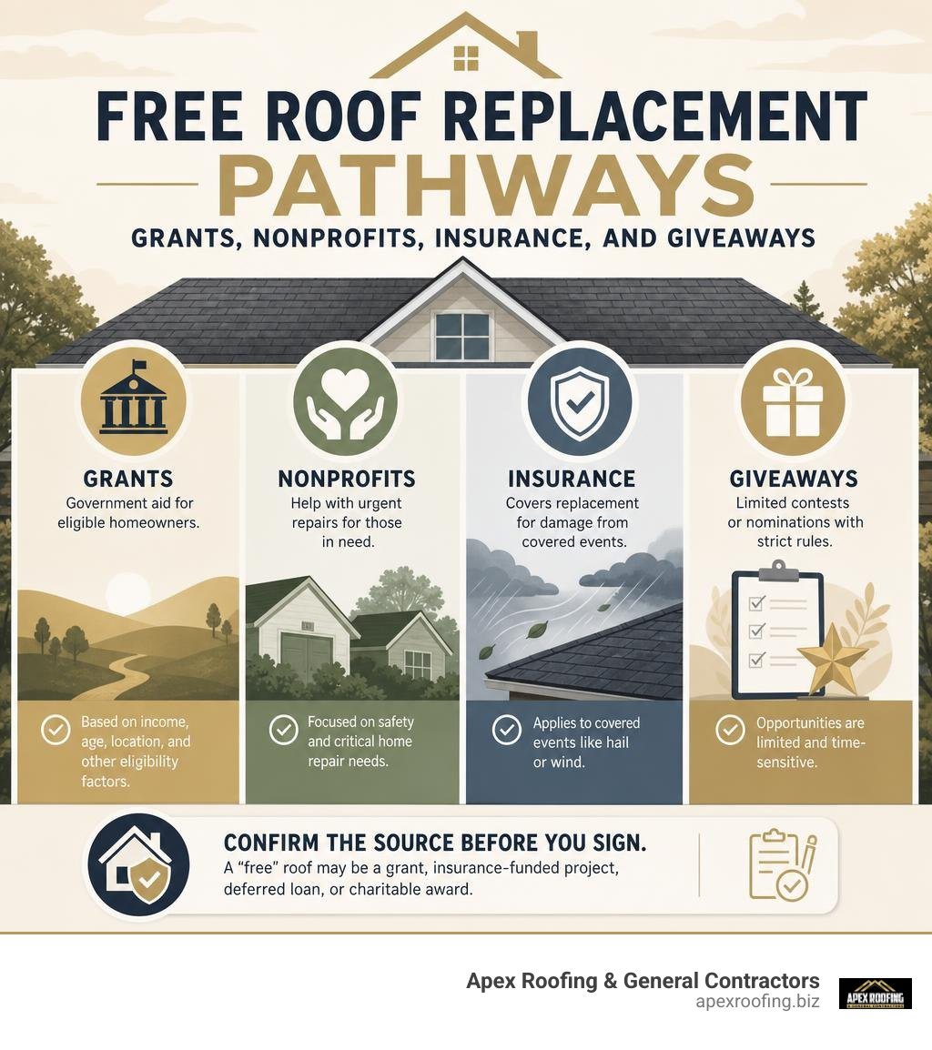Free roof replacement pathways: grants, nonprofits, insurance, and giveaways infographic