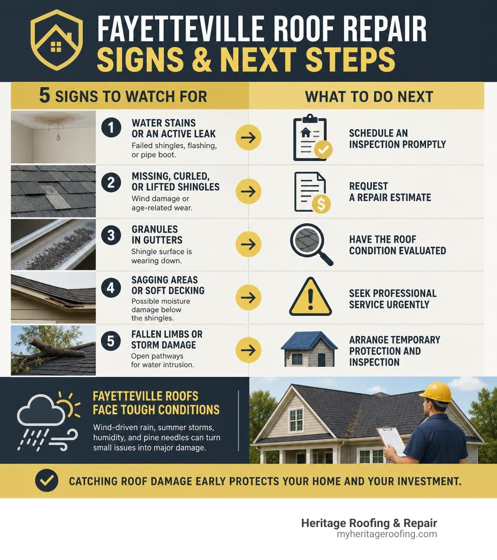 Fayetteville roof repair signs and next steps infographic Fayetteville roof repair signs and next steps infographic