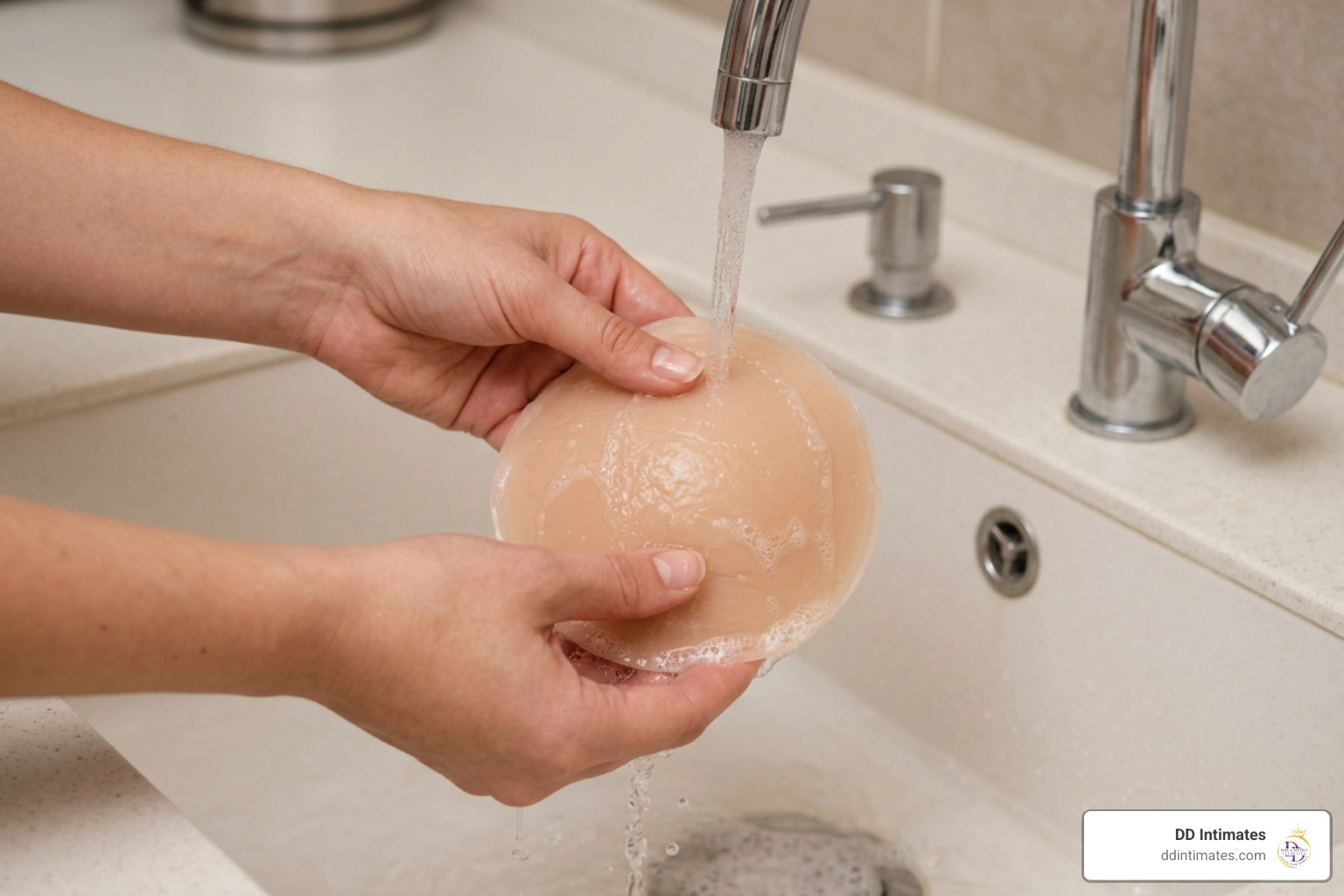 Washing a reusable adhesive silicone bra under lukewarm water