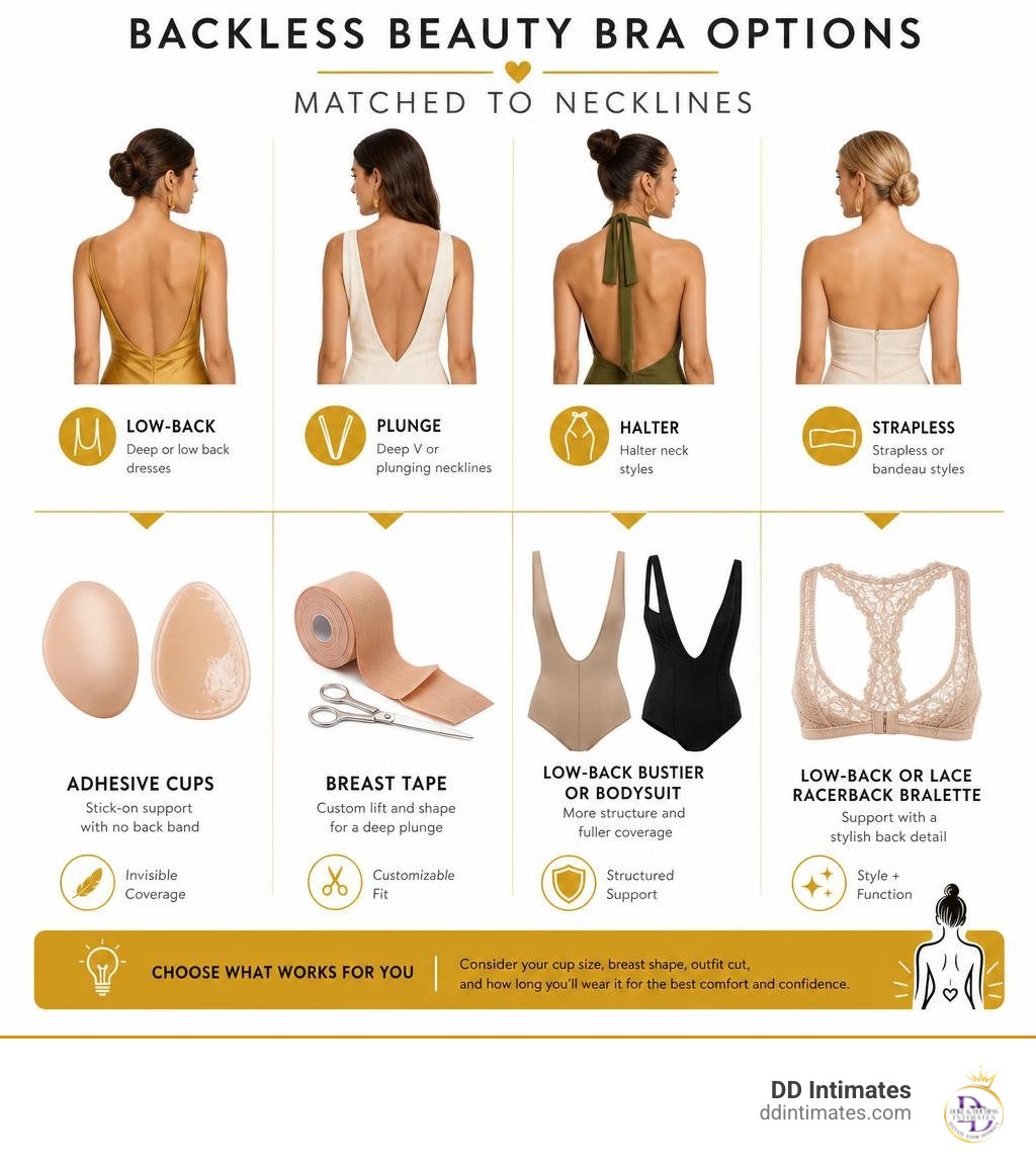 Backless beauty bra options matched to low-back, plunge, halter, and strapless necklines infographic