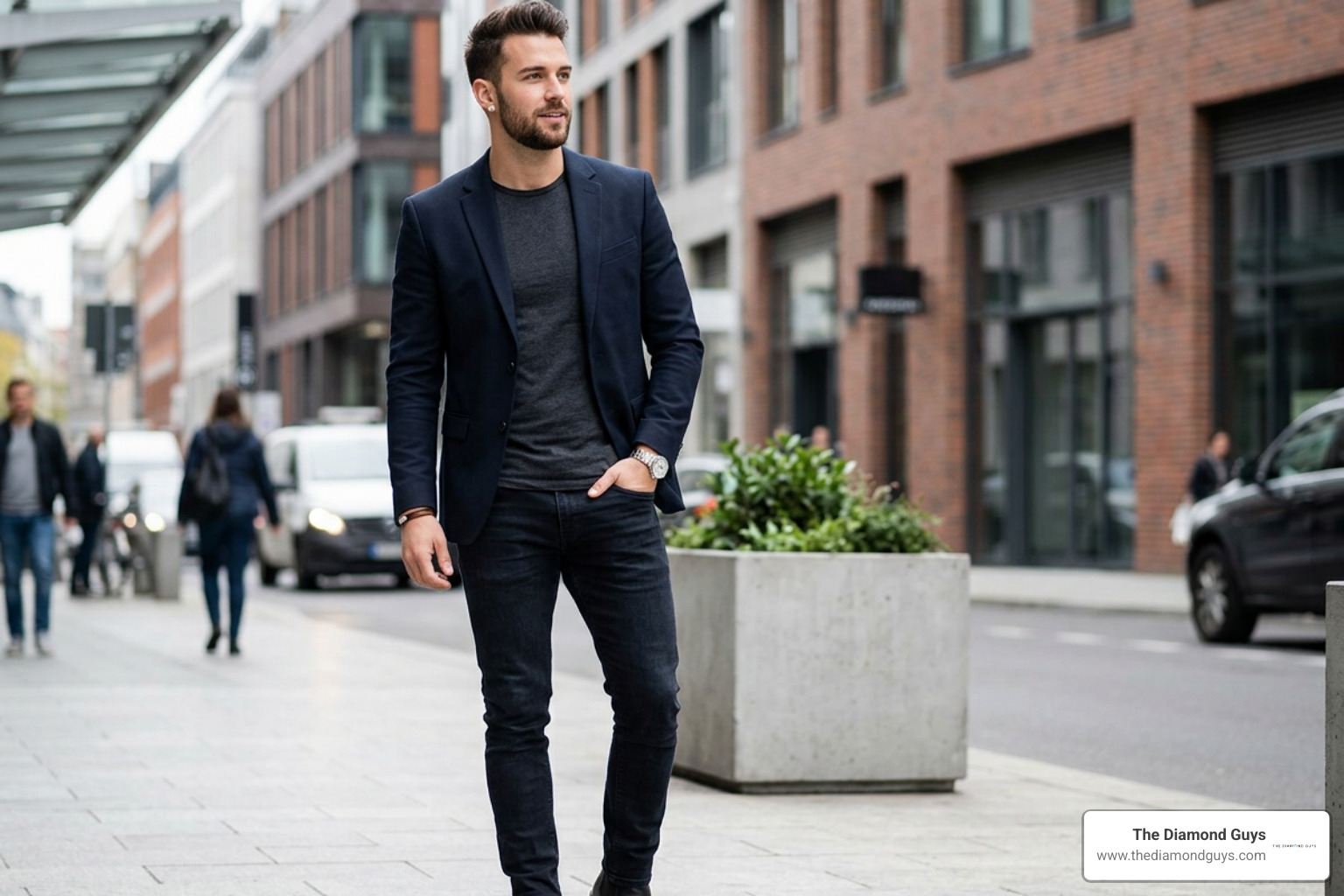 Modern man styling a single diamond solitaire stud with sharp casual wear