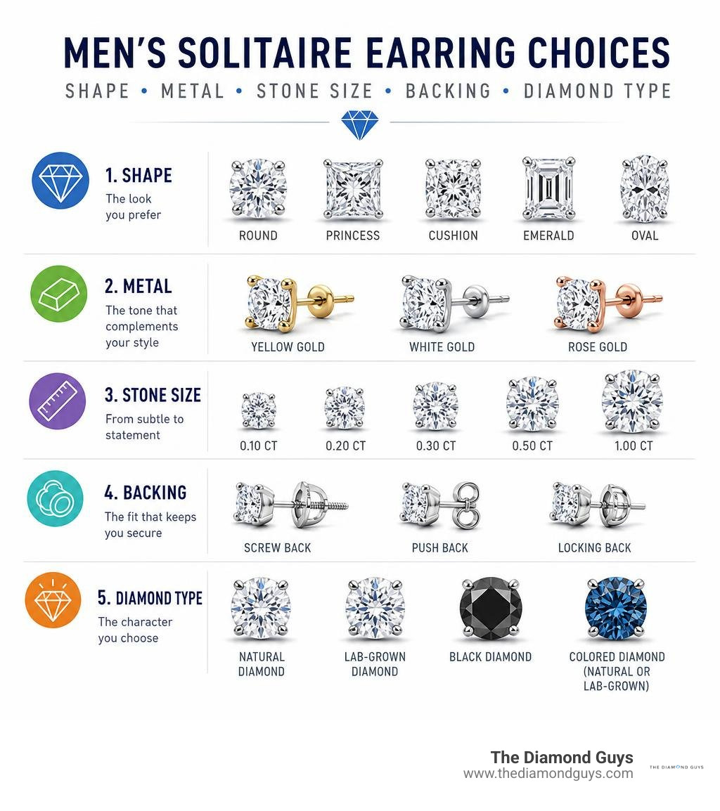 Men's solitaire earring choices: shape, metal, stone size, backing, and diamond type infographic