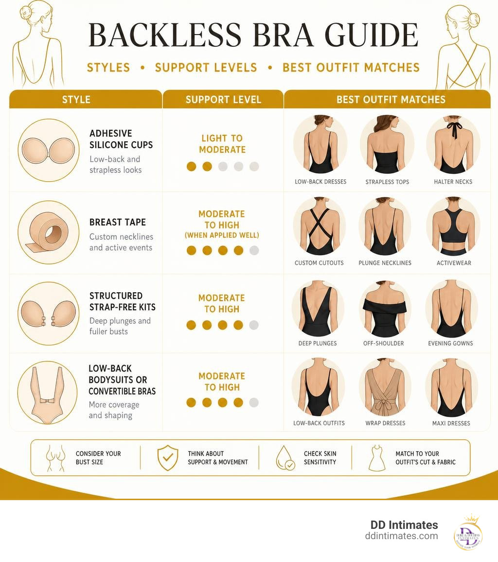 Backless bra styles, support levels, and best outfit matches infographic