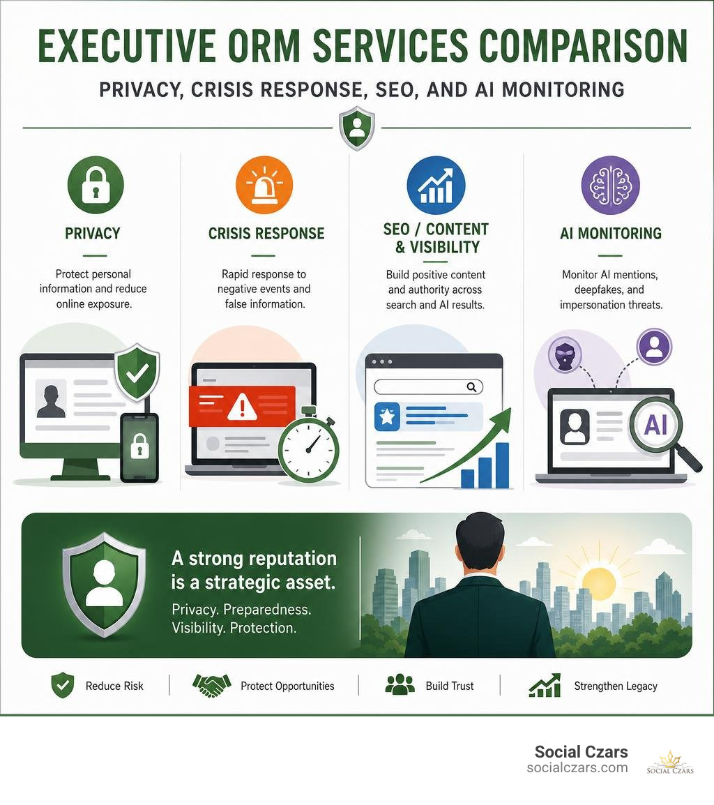 Executive ORM services comparison: privacy, crisis response, SEO, and AI monitoring infographic Executive ORM services comparison: privacy, crisis response, SEO, and AI monitoring infographic