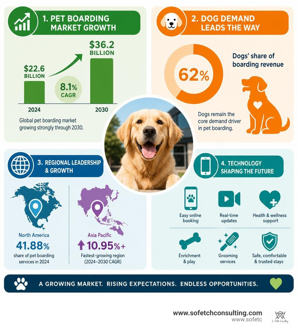 Pet boarding market growth, dog demand, regional leadership, and technology trends infographic Pet boarding market growth, dog demand, regional leadership, and technology trends infographic