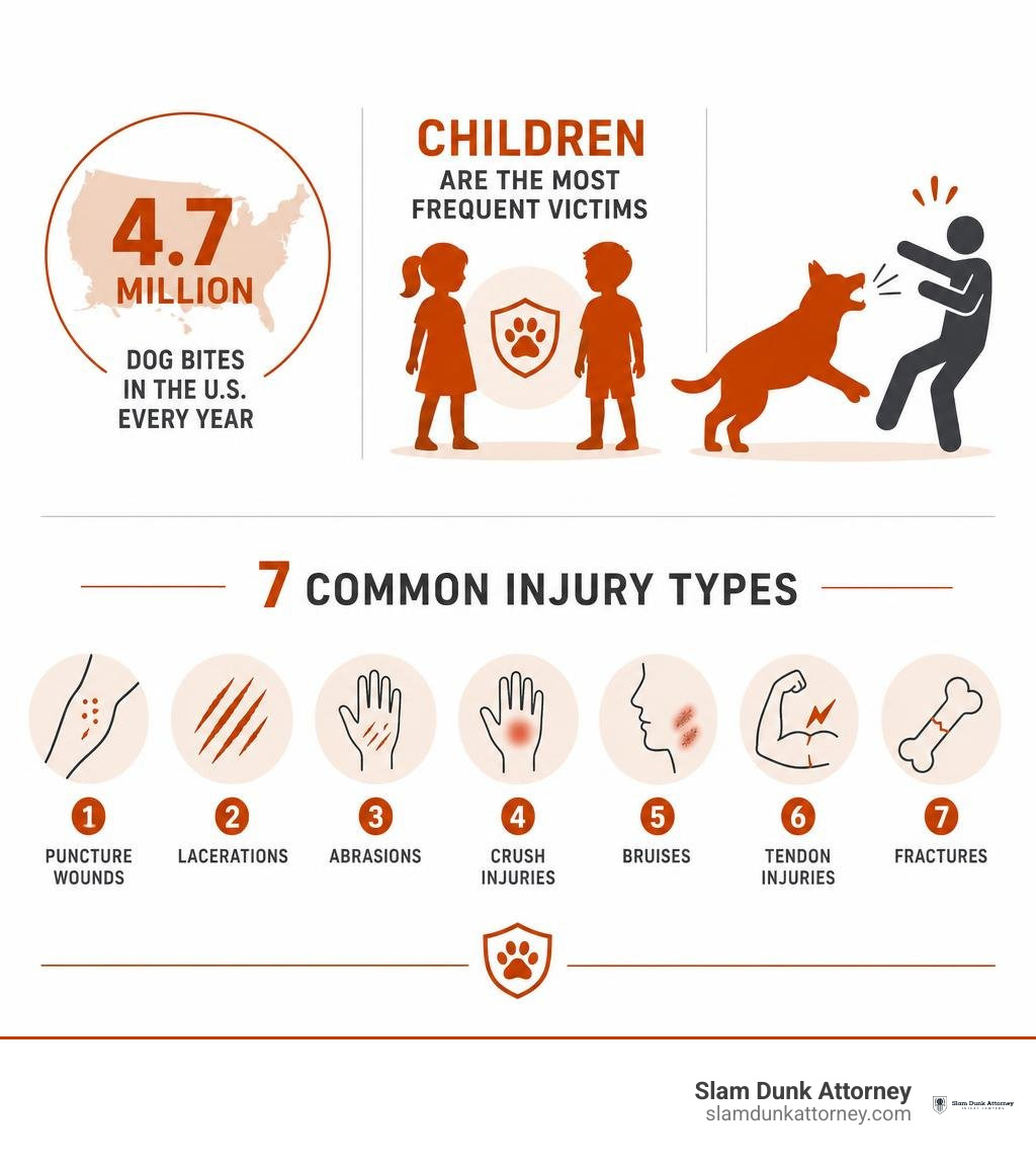 Infographic showing 4.7 million annual US dog bites, children as most frequent victims, and 7 common injury types - injuries