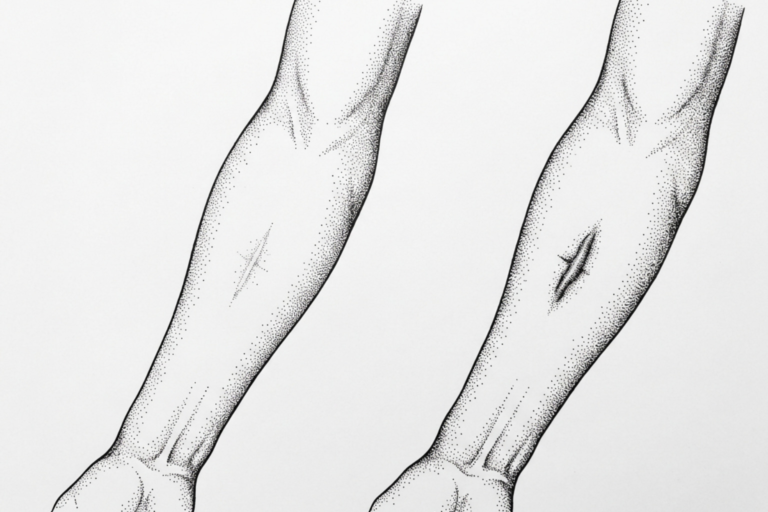 Two healed scars of different appearance shown side by side on different skin tones