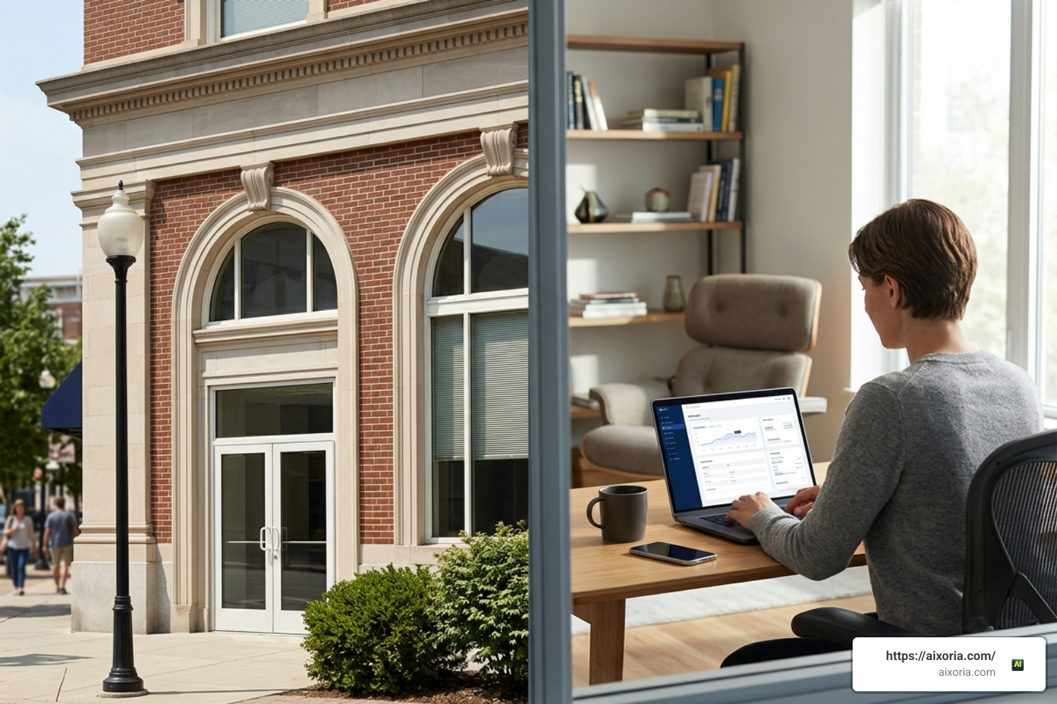 Traditional bank branch vs online lending dashboard Traditional bank branch vs online lending dashboard