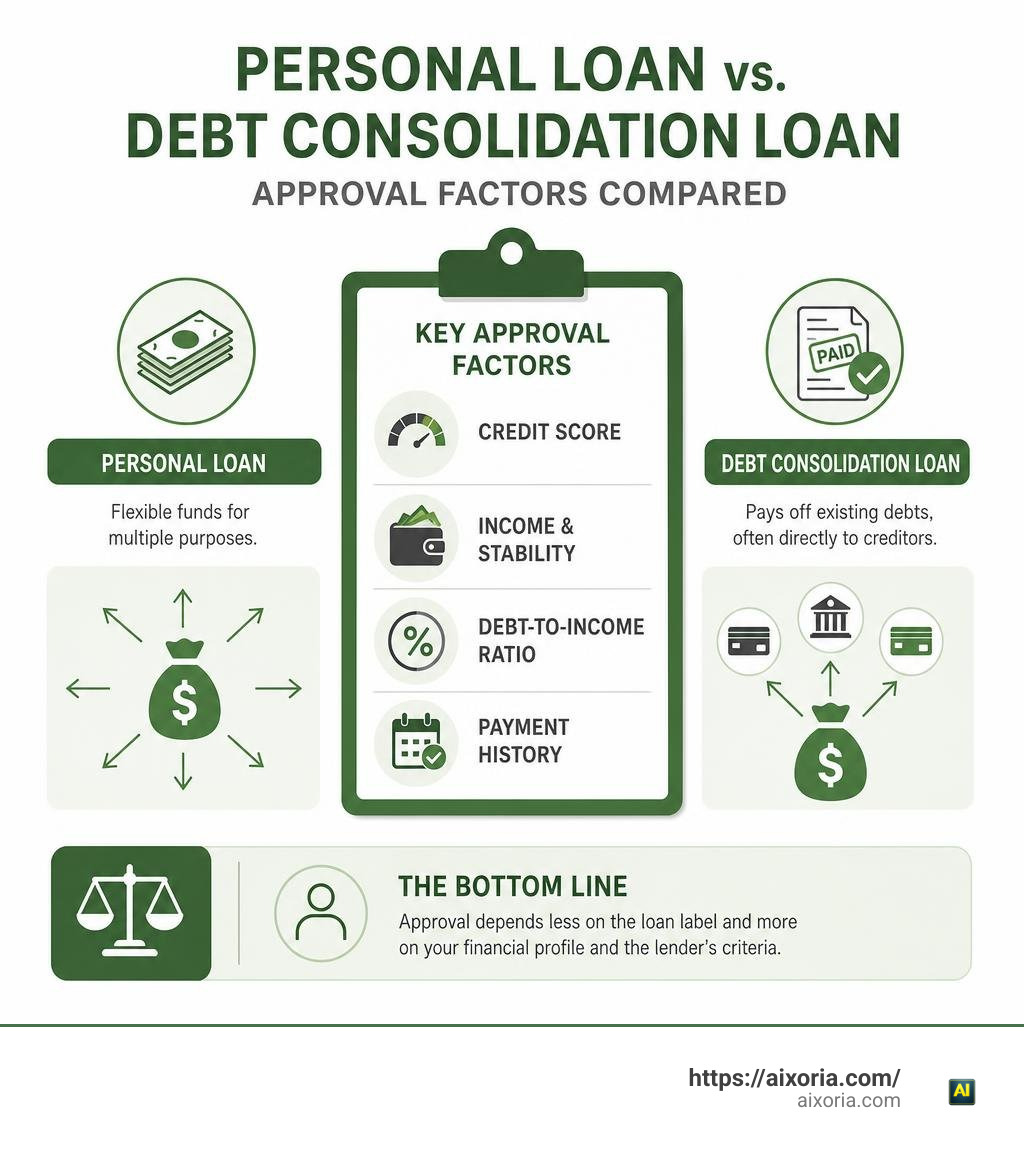 Personal loan versus debt consolidation loan approval factors infographic