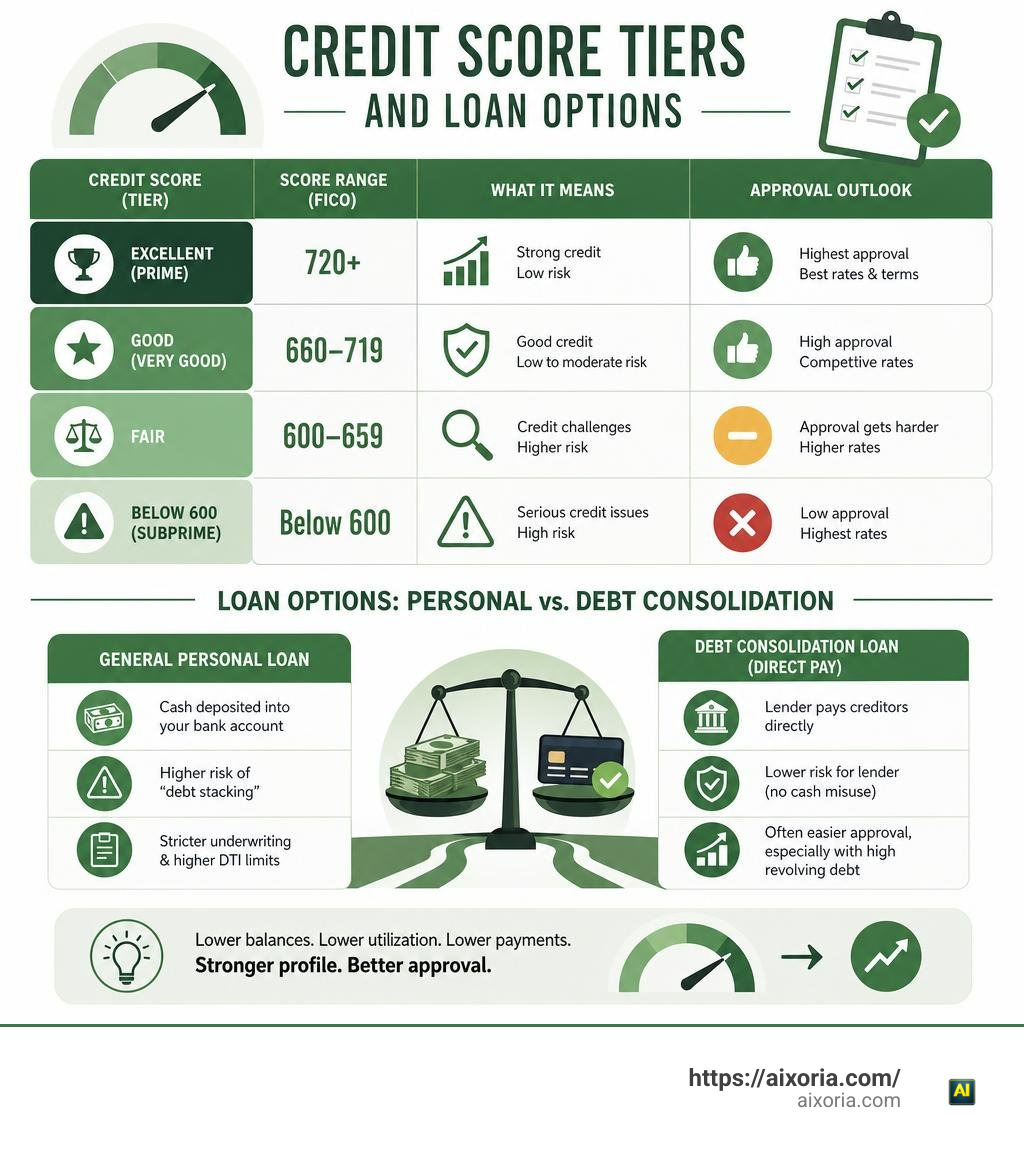 Credit score tiers and loan options infographic