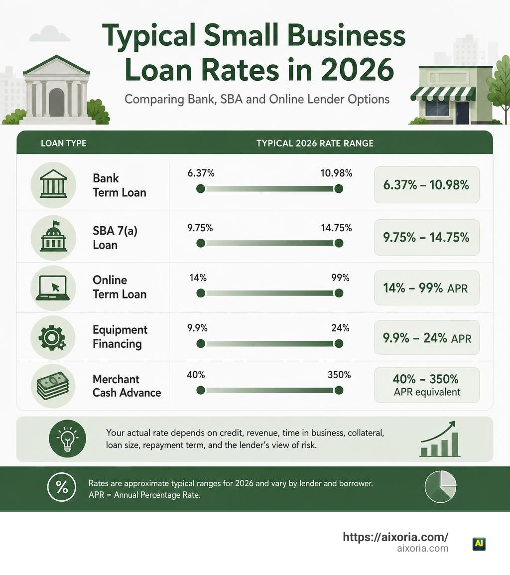 Infographic comparing typical small business loan rates by bank SBA and online lender infographic
