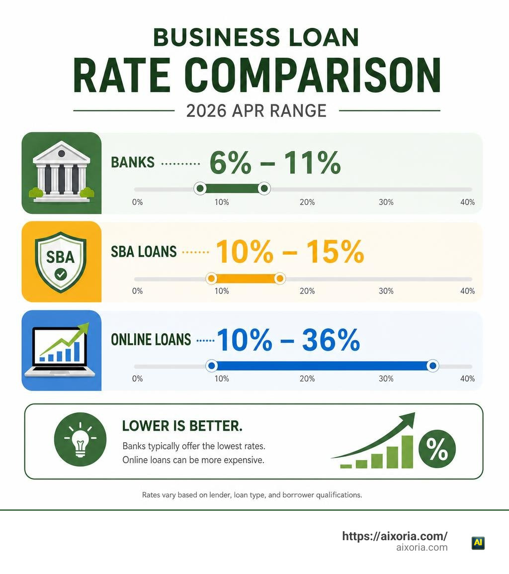 Business loan rate comparison: banks 6-11%, SBA 10-15%, online loans 10-36% infographic