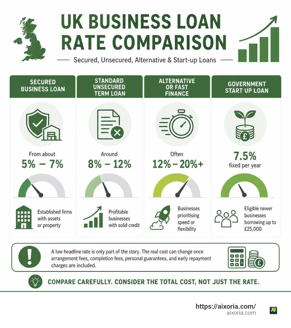 UK business loan rate comparison: secured, unsecured, alternative and start-up loans infographic