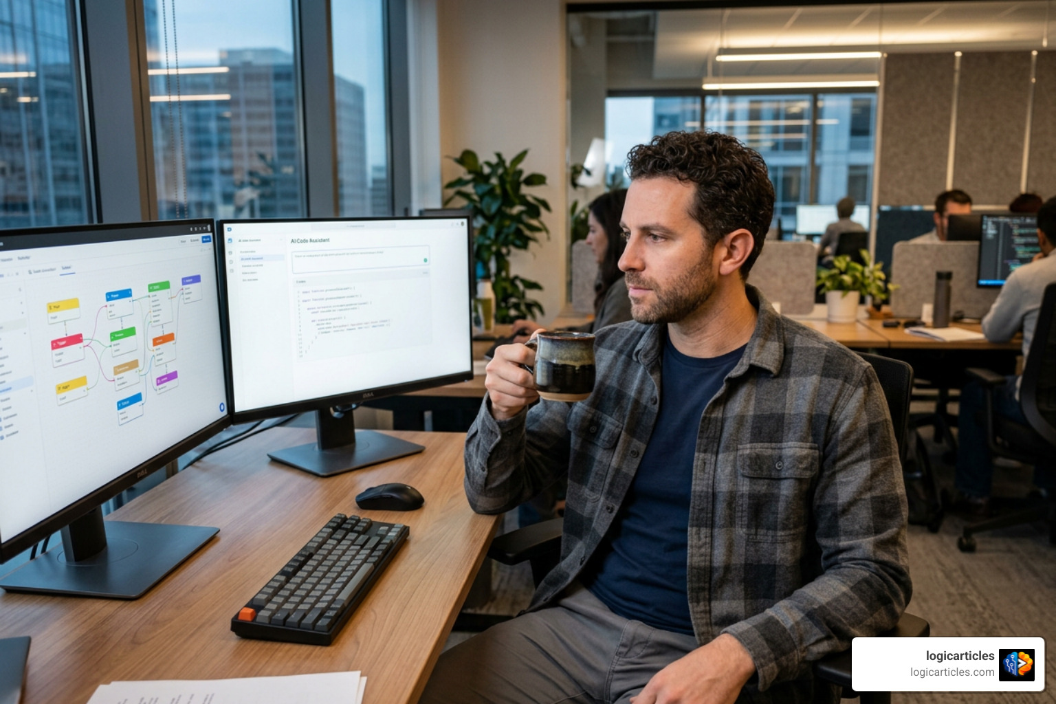 Developer comparing visual node builder and natural language AI coding agent