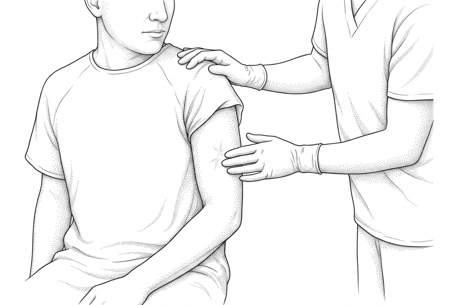 Clinician assessing a healed scar on a patient's forearm during a follow-up examination