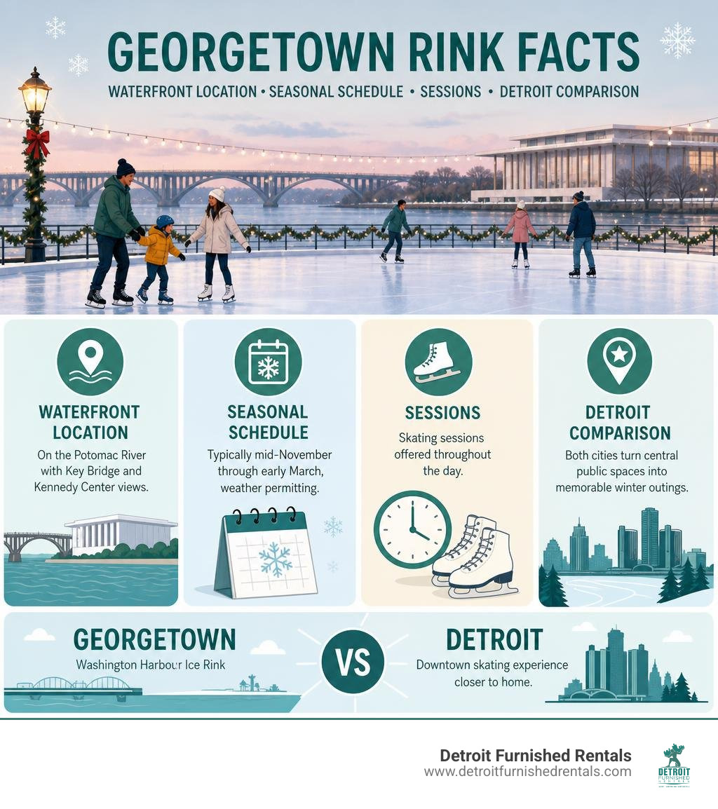 Georgetown rink facts: waterfront location, seasonal schedule, sessions, and Detroit comparison infographic