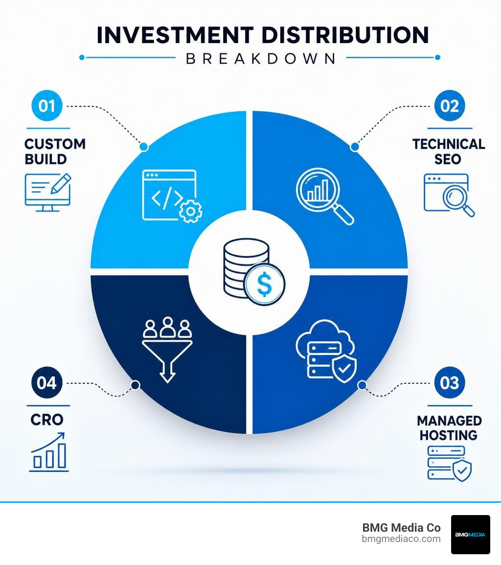 Investment distribution breakdown: custom build, technical SEO, managed hosting, and CRO infographic