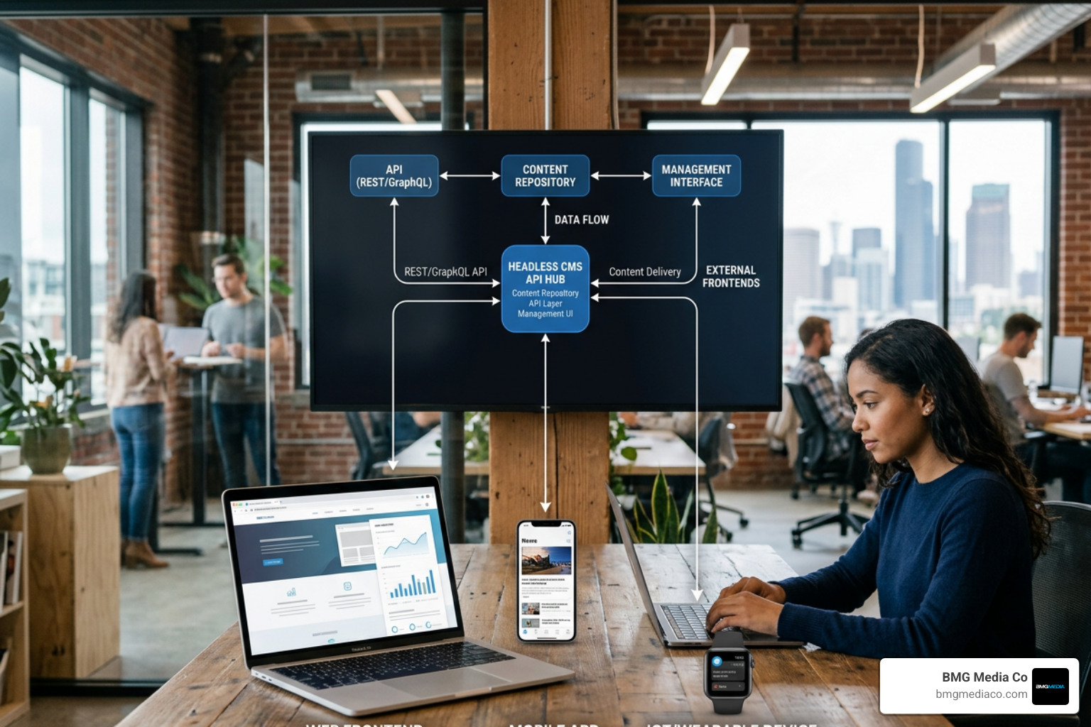 Decoupled headless CMS architecture showing centralized API delivering content across web mobile and IoT devices