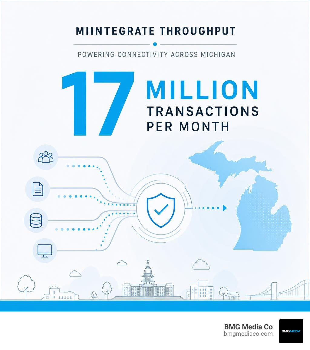 MiIntegrate throughput statistics showing 17 million transactions per month infographic