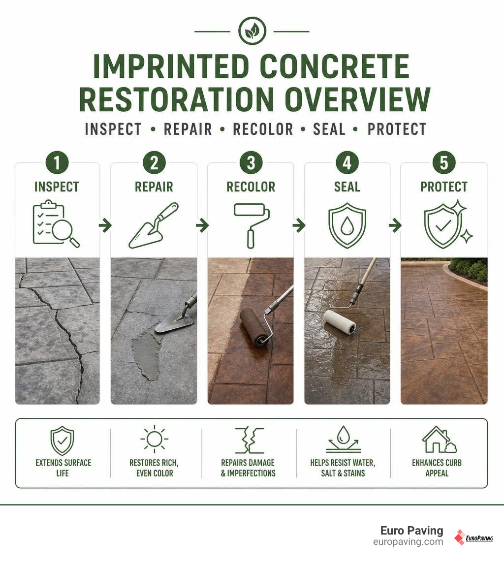 Imprinted concrete restoration overview: inspect, repair, recolor, seal, protect infographic