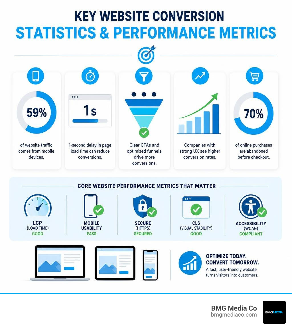 Key website conversion statistics and performance metrics infographic