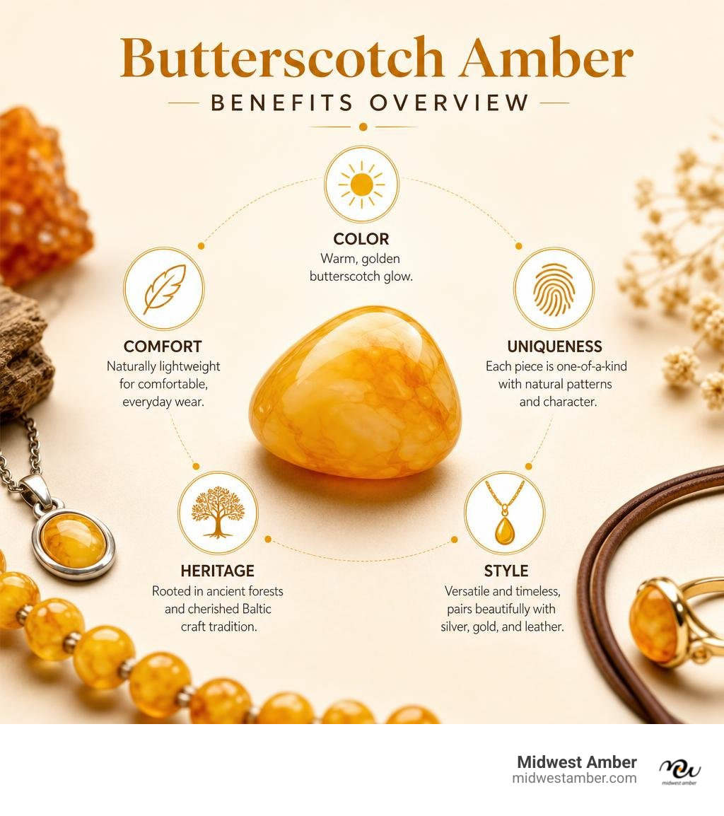 Butterscotch amber benefits overview: color, comfort, uniqueness, heritage, and style infographic